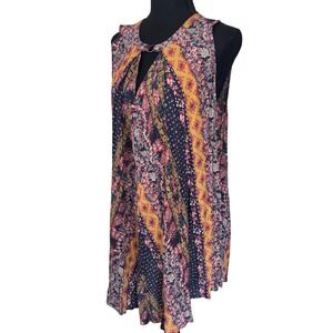 Umgee Womens‎ Medium Multi Boho Floral Sleeveless Keyhole Tunic Dress